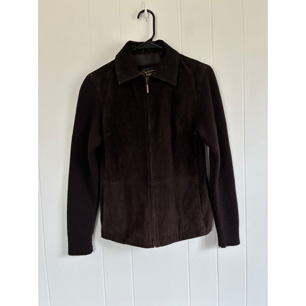 Fabio Womens Brown Suede‎ Leather Ribbed Knit Sleeve Full Zip Jacket Small